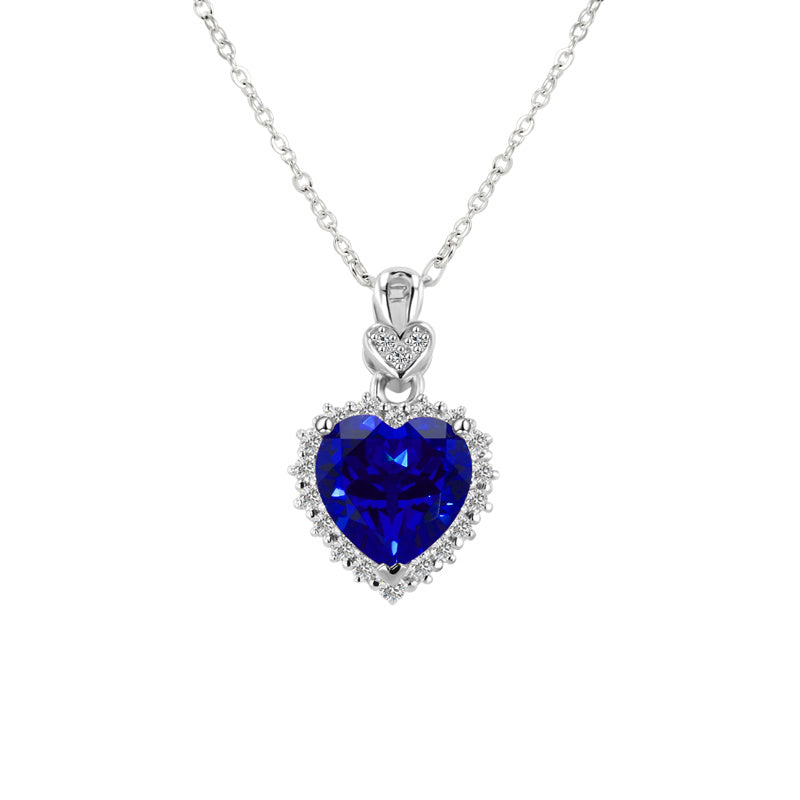 royal blue lab sapphire heart necklace moissanite halo sterling silver – single UK