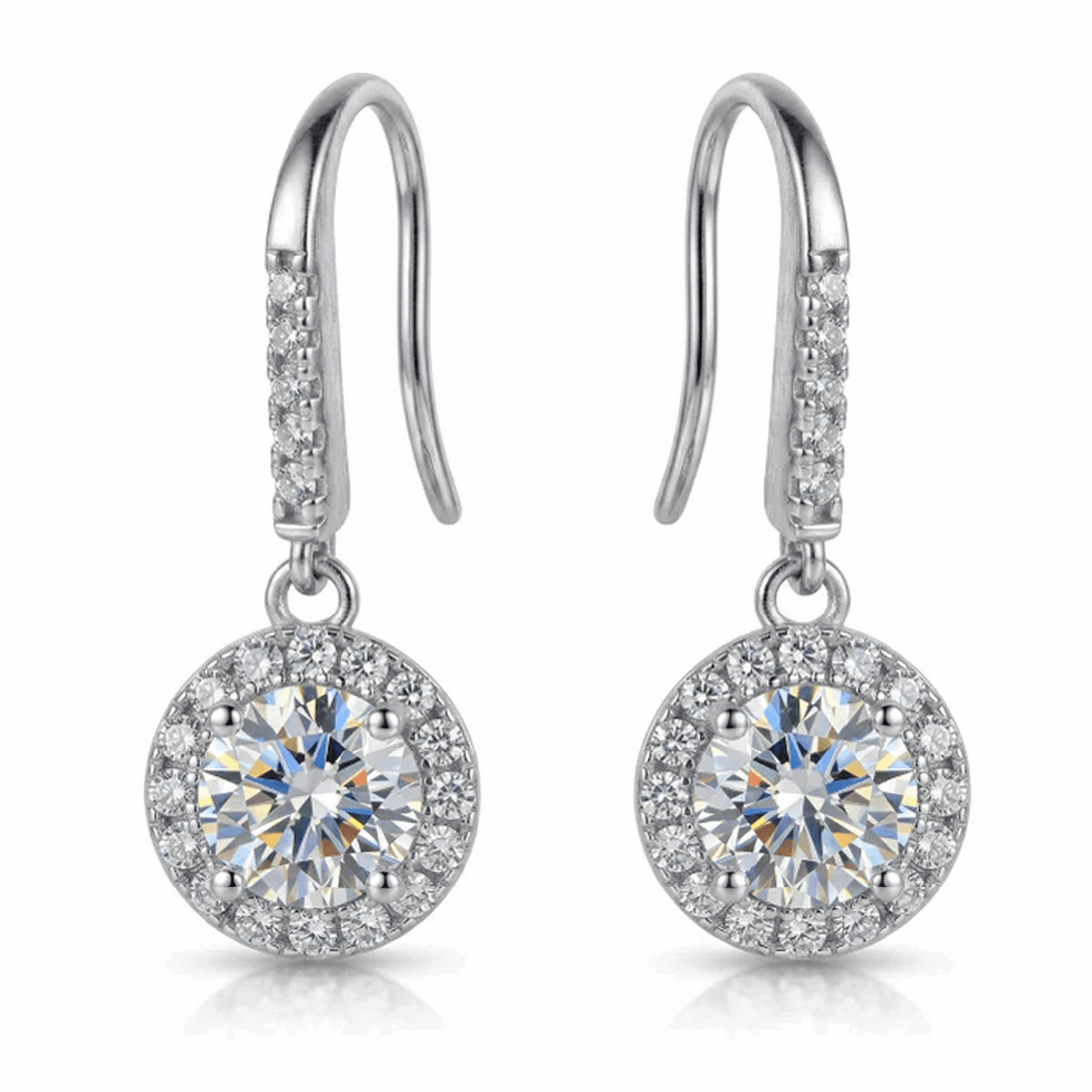Moissanite Round Halo Drop Hook Earrings