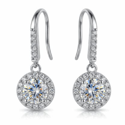 Moissanite Round Halo Drop Hook Earrings