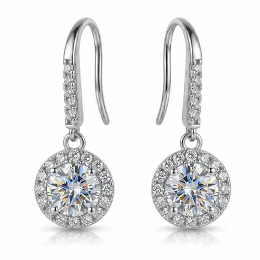 Moissanite Round Halo Drop Hook Earrings