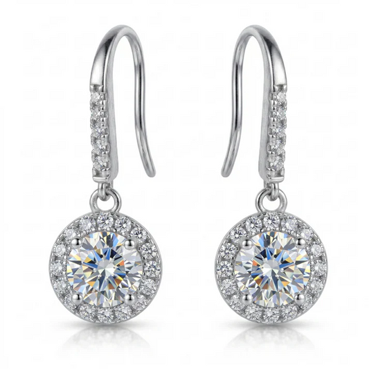 Moissanite Round Halo Drop Hook Earrings