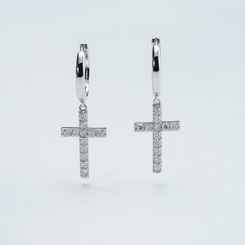 Moissanite Cross Drop Huggie Earrings – 0.96ct DEF, Sterling Silver
