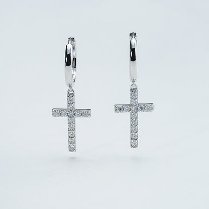 Moissanite Cross Drop Huggie Earrings – 0.96ct DEF, Sterling Silver