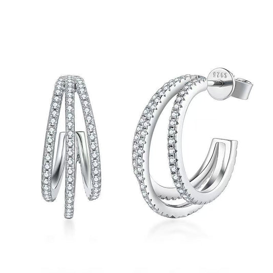 Triple Row Pavé Stud Earrings – 1.03ct Total, DEF, White Gold Plated Sterling Silver