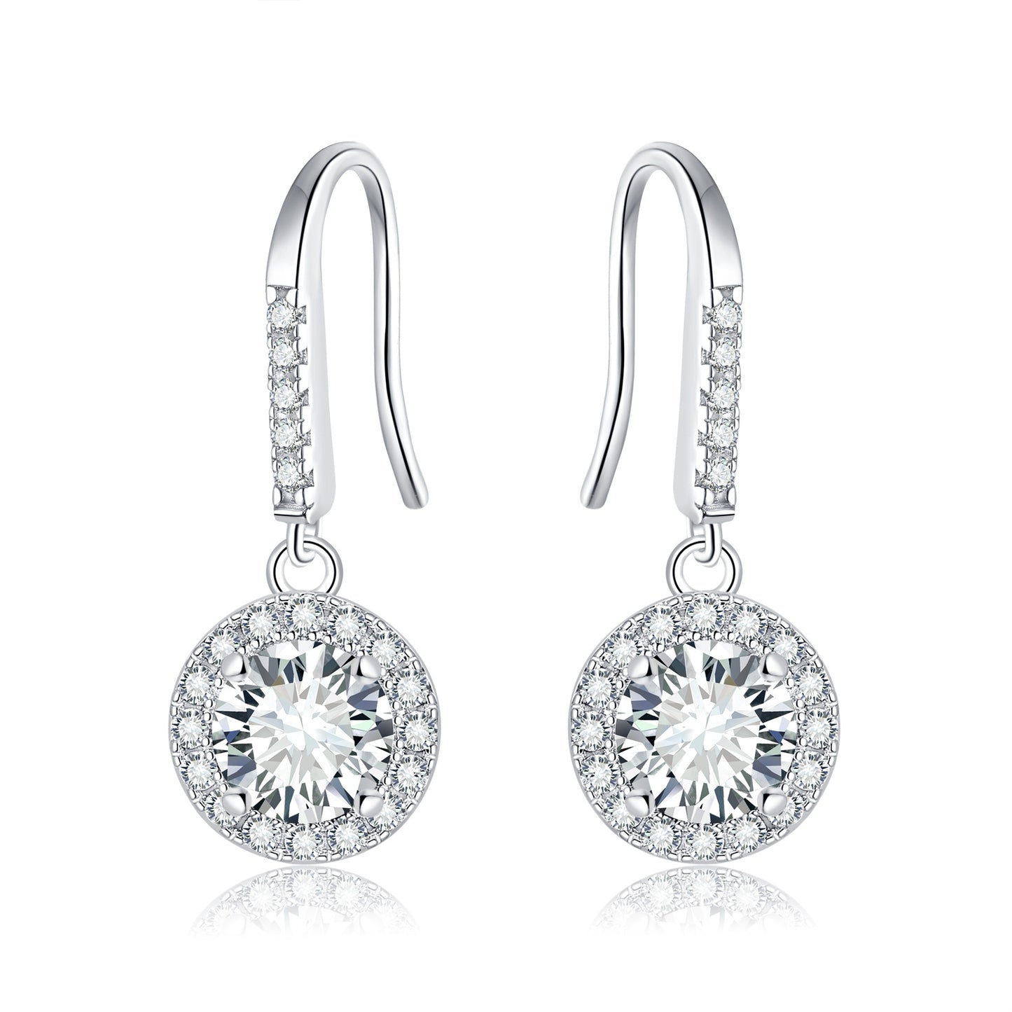 Moissanite Round Halo Drop Hook Earrings – 2.0ct Total (6.5mm), Sterling Silver