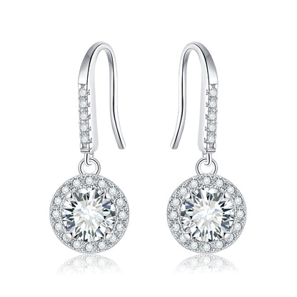 Moissanite Round Halo Drop Hook Earrings – 2.0ct Total (6.5mm), Sterling Silver