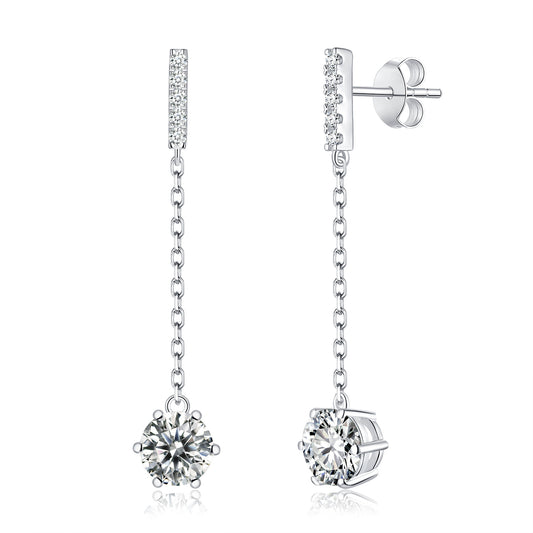 Moissanite Drop Chain Earrings – 1.0ct DEF, 6.5mm Centre, Sterling Silver