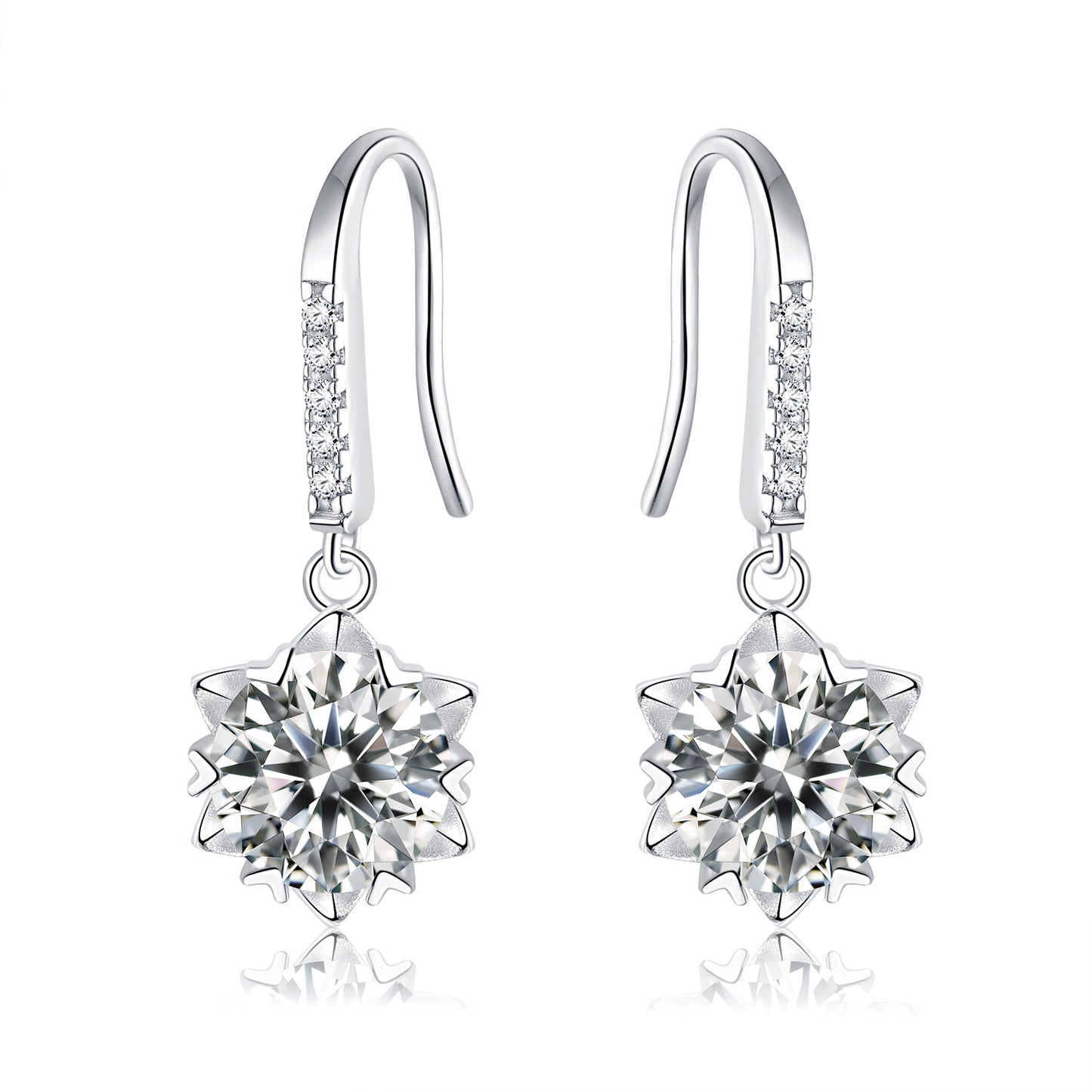 Moissanite Heart-Prong Drop Hook Earrings – 1.0ct Total (5.0mm), Sterling Silver