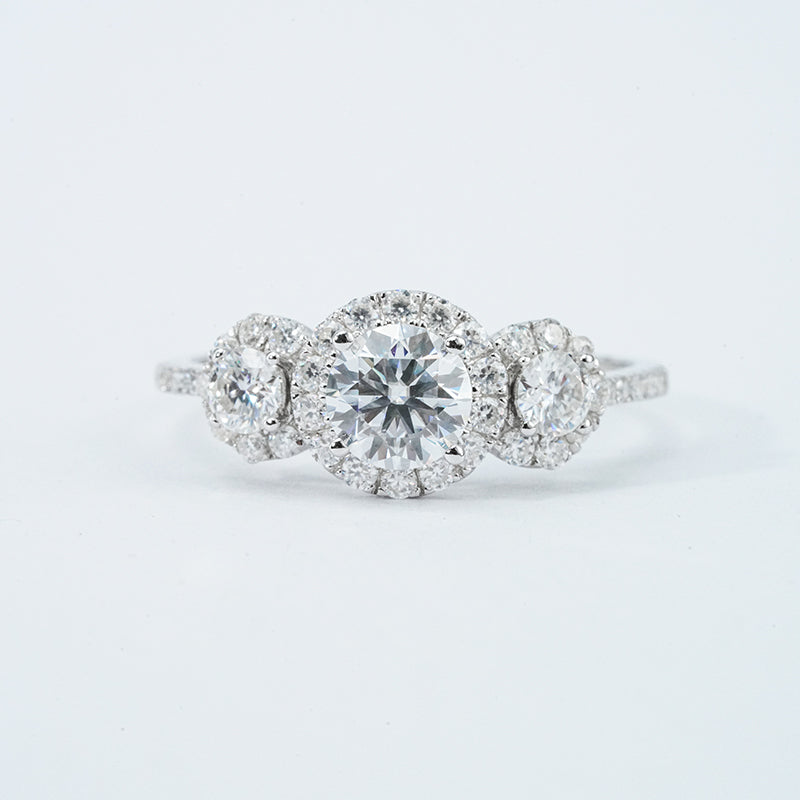 Moissanite Three-Stone Halo Pavé Ring – 2.12ct Total DEF, Sterling Silver