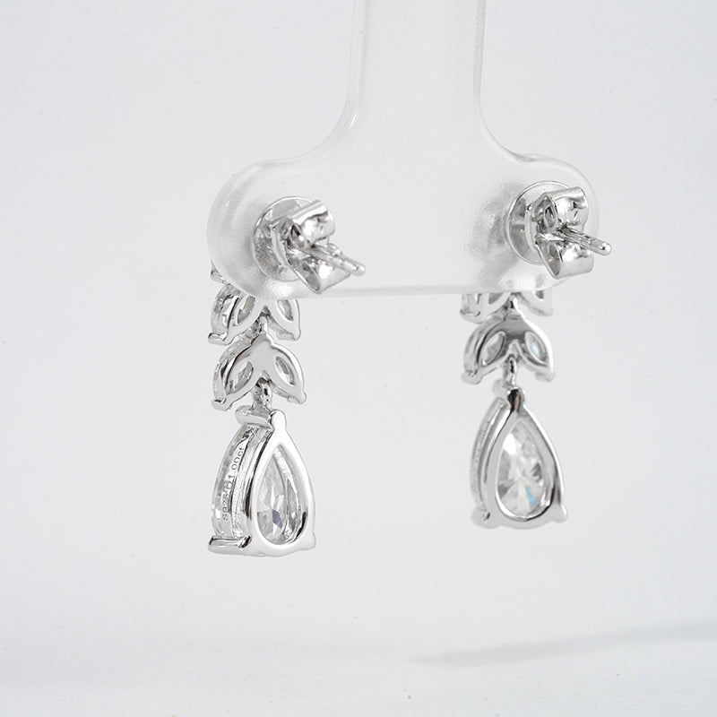 Pear Moissanite Drop Earrings with Marquise Leaf Detail – 3.2ct Total, DEF, White Gold Plated 925 Silver