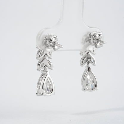 Pear Moissanite Drop Earrings with Marquise Leaf Detail – 3.2ct Total, DEF, White Gold Plated 925 Silver