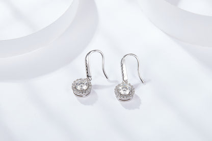 Moissanite Round Halo Drop Hook Earrings – 2.0ct Total (6.5mm), Sterling Silver