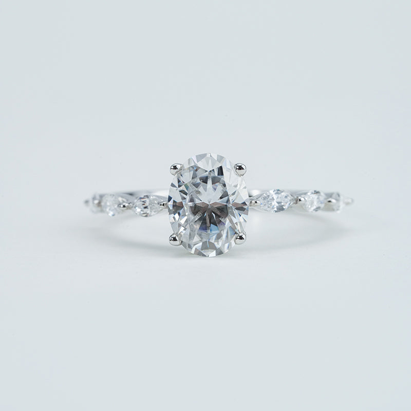 Oval Moissanite & Marquise CZ Accents Ring – 2.0ct, Sterling Silver