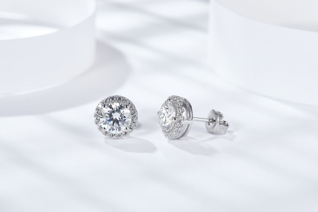 moissanite classic halo stud earrings 2.0ct DEF sterling silver – side view UK