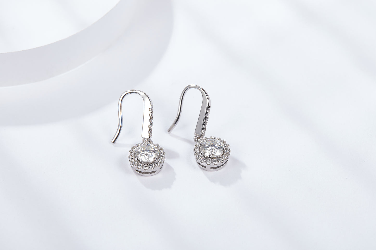 Moissanite Round Halo Drop Hook Earrings – 2.0ct Total (6.5mm), Sterling Silver