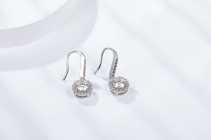 Moissanite Round Halo Drop Hook Earrings – 2.0ct Total (6.5mm), Sterling Silver