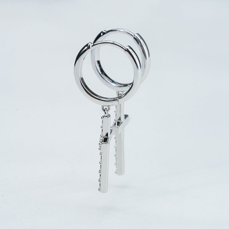 Moissanite Cross Drop Huggie Earrings – 0.96ct DEF, Sterling Silver