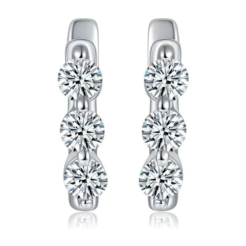 Moissanite Three-Stone Huggie Earrings – 0.48ct DEF, Sterling Silver
