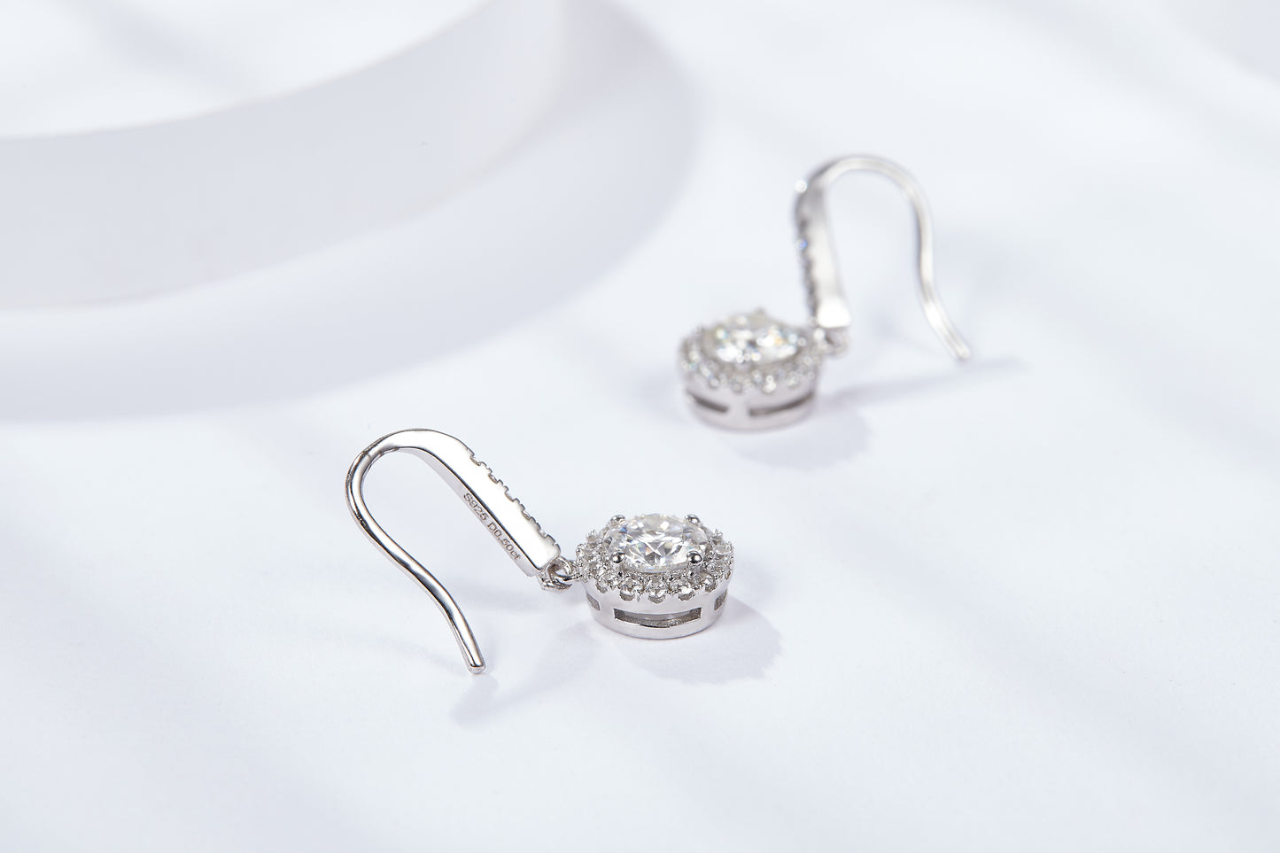 Moissanite Round Halo Drop Hook Earrings – 2.0ct Total (6.5mm), Sterling Silver
