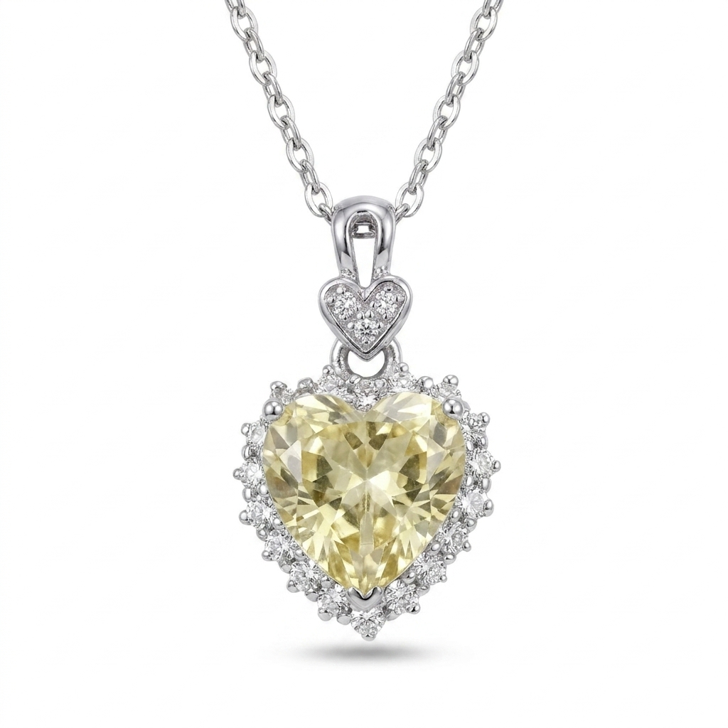 Yellow Crushed Ice CZ Heart Necklace – Moissanite Halo, Sterling Silver