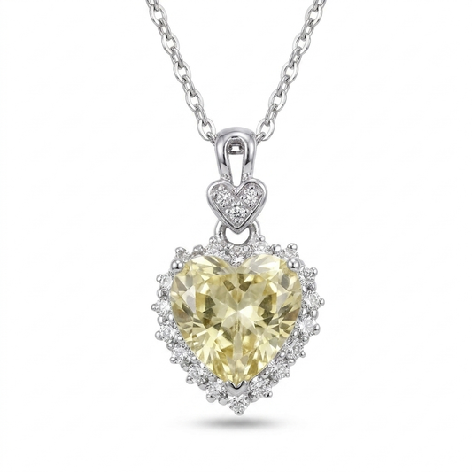 Yellow Crushed Ice CZ Heart Necklace – Moissanite Halo, Sterling Silver