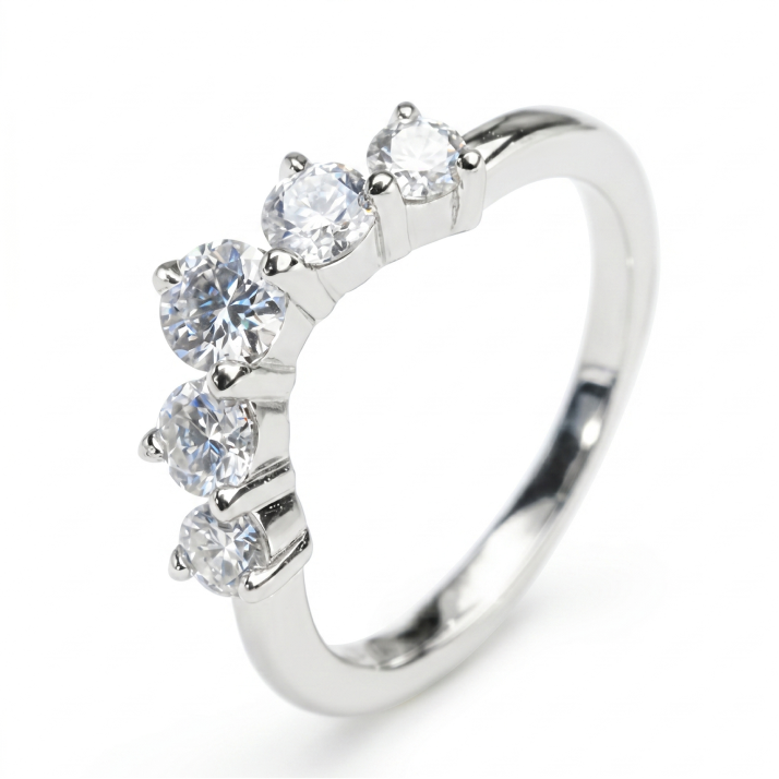 Crescent Five-Stone Moissanite Band – 0.90ct Total, DEF, White Gold Plated 925 Silver