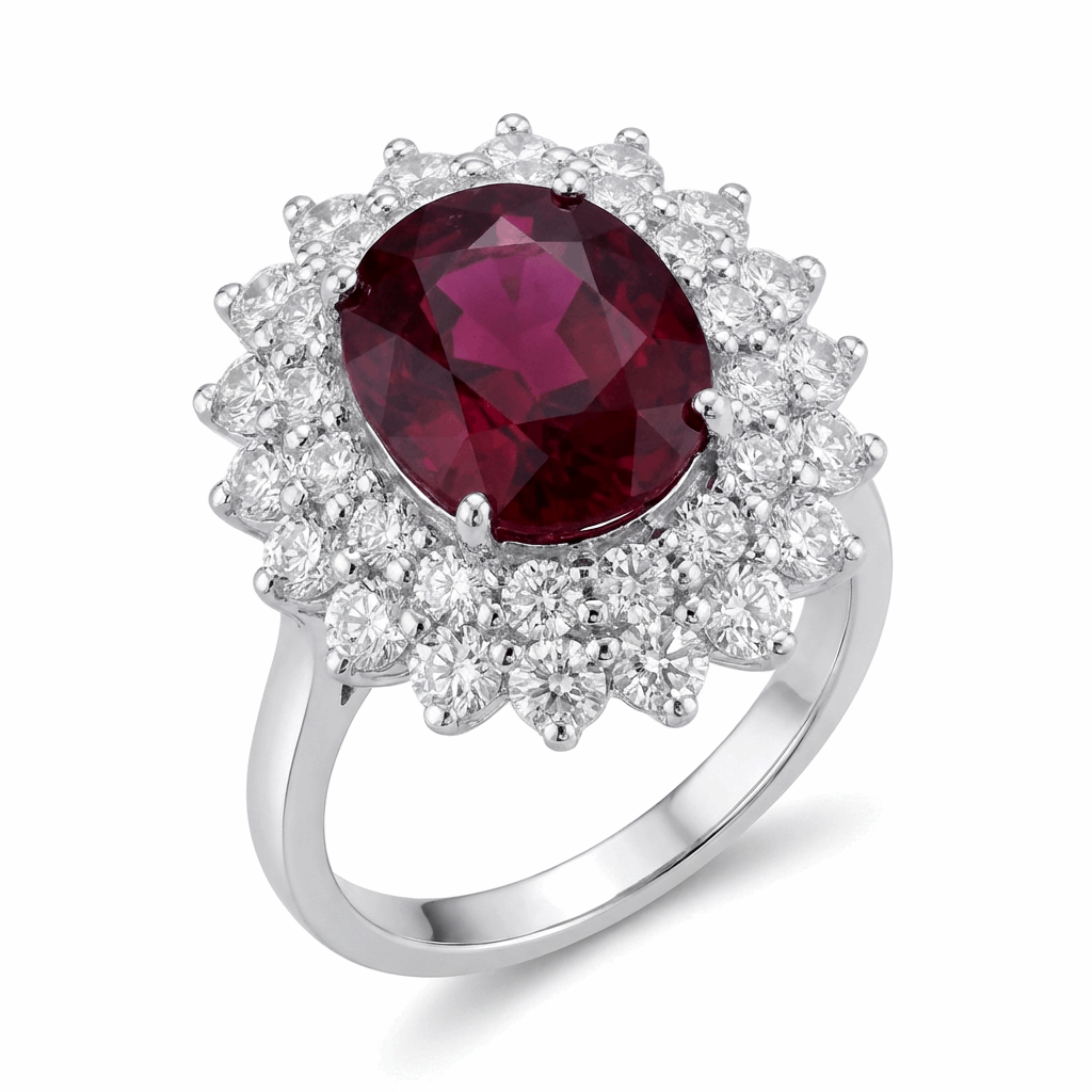 Pigeon Blood Ruby & Diamond Halo Ring – 3.57ct Ruby, 18K White Gold