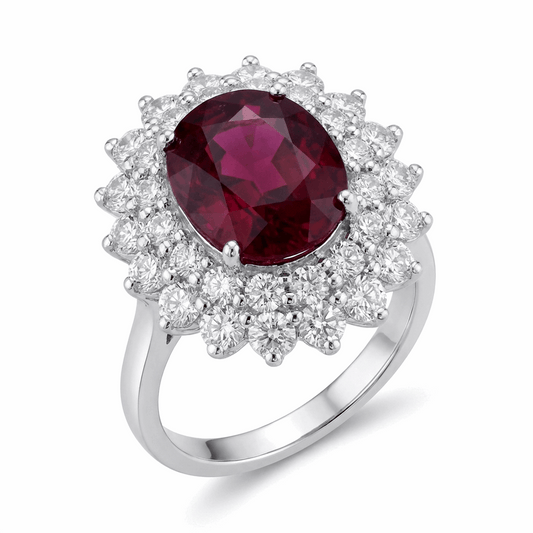 Pigeon Blood Ruby & Diamond Halo Ring – 3.57ct Ruby, 18K White Gold