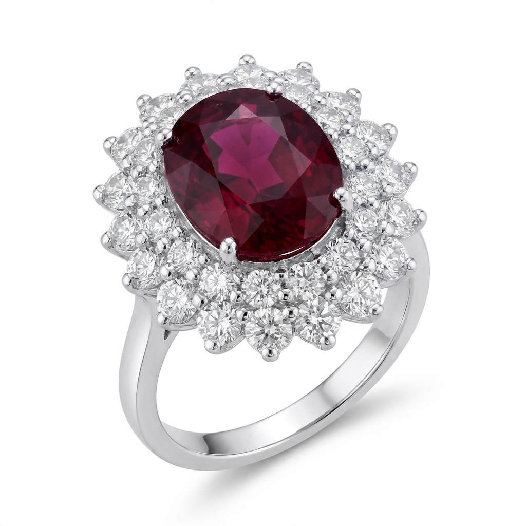 Pigeon Blood Ruby & Diamond Halo Ring – 3.57ct Ruby, 18K White Gold