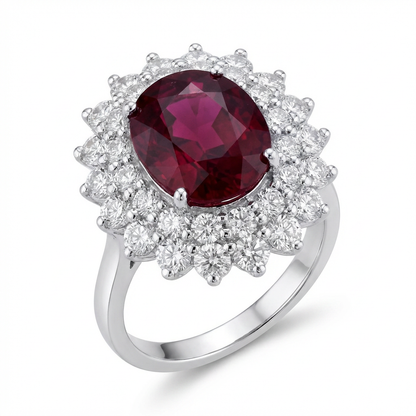 Pigeon Blood Ruby & Diamond Halo Ring – 3.57ct Ruby, 18K White Gold