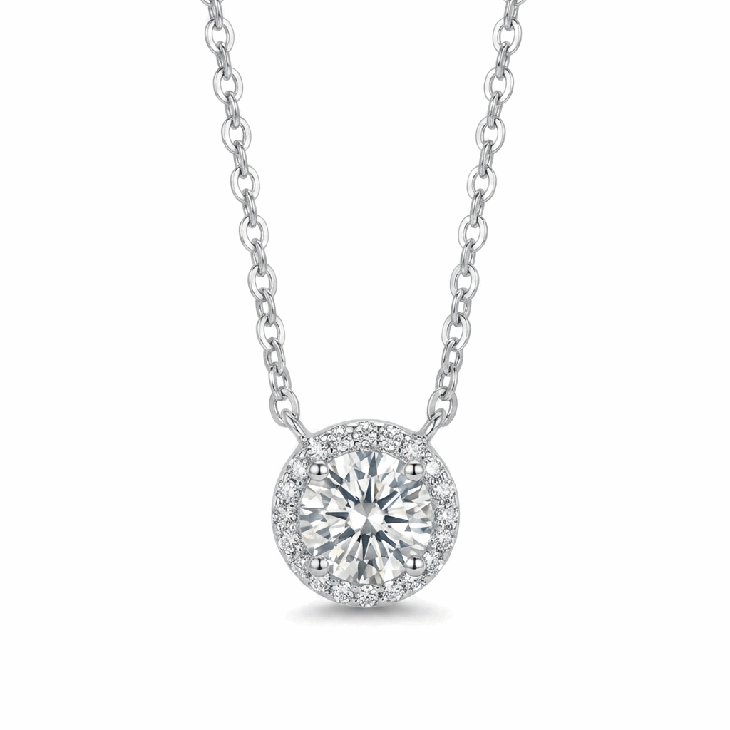 Diamond Halo Pendant Necklace - Sterling Silver