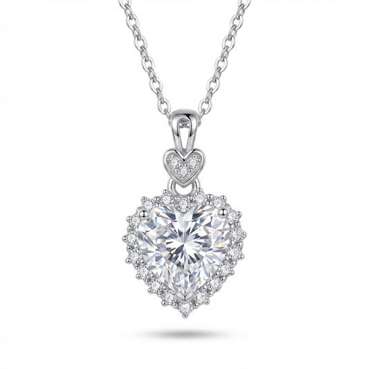 White Crushed Ice CZ Heart Necklace – Moissanite Halo, Sterling Silver