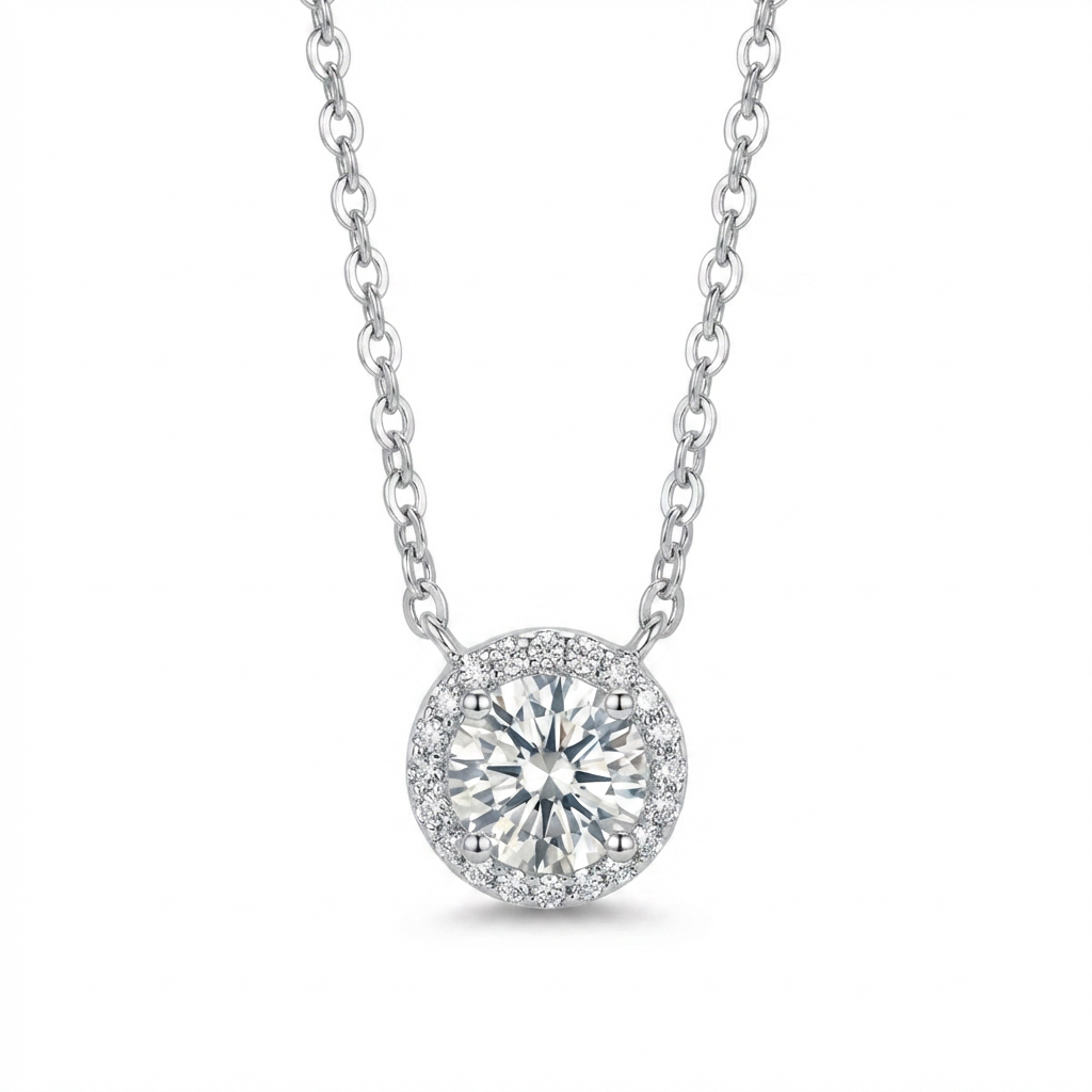 Diamond Halo Pendant Necklace - Sterling Silver