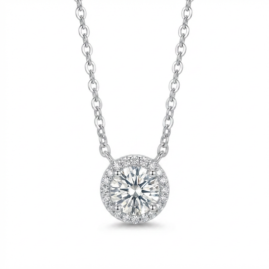 Diamond Halo Pendant Necklace - Sterling Silver