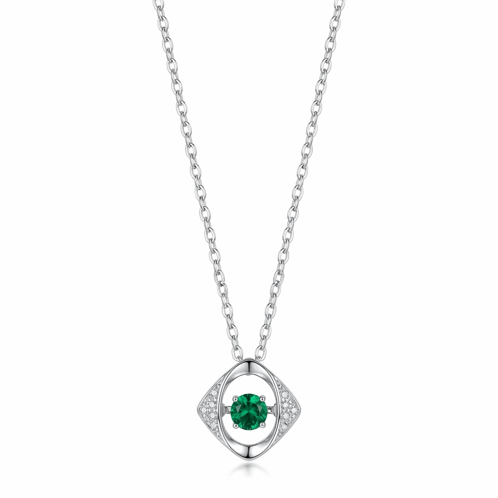Dancing Emerald Floating Pendant Necklace – Lab Emerald & CZ, Sterling Silver