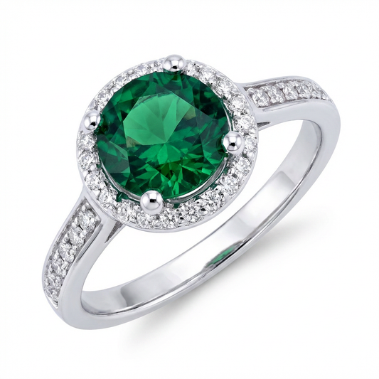 Zambian Lab Emerald Classic Round Halo Ring – 1.0ct Centre, Sterling Silver