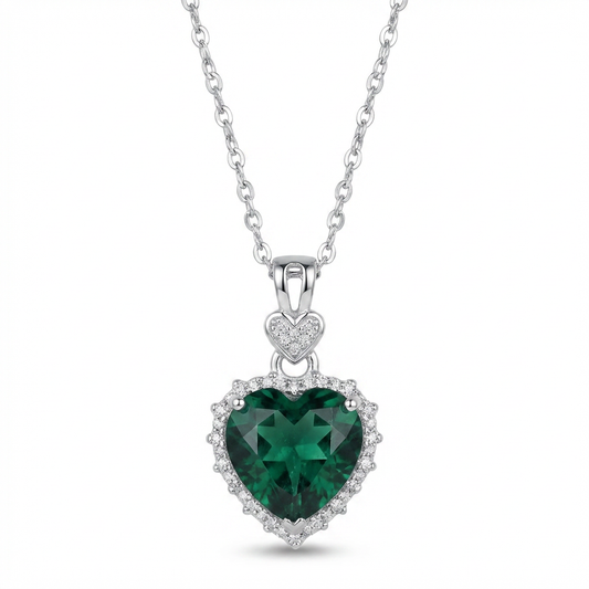 Zambian Lab Emerald Heart Necklace – Moissanite Halo, Sterling Silver