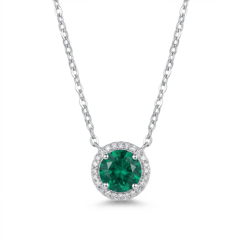 Emerald Halo Pendant Necklace - Sterling Silver