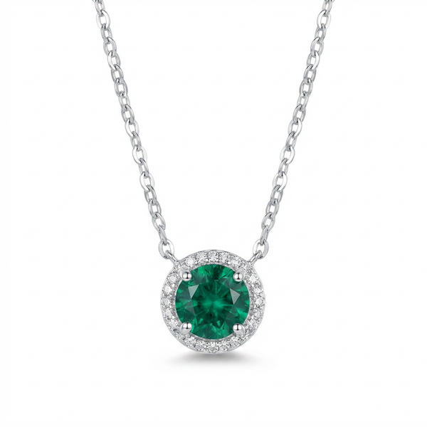 Emerald Halo Pendant Necklace - Sterling Silver