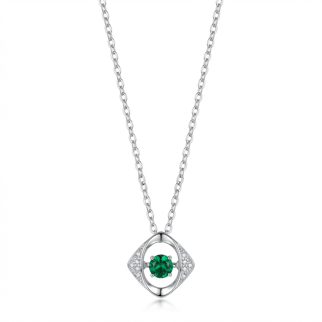 Dancing Emerald Floating Pendant Necklace – Lab Emerald & CZ, Sterling Silver