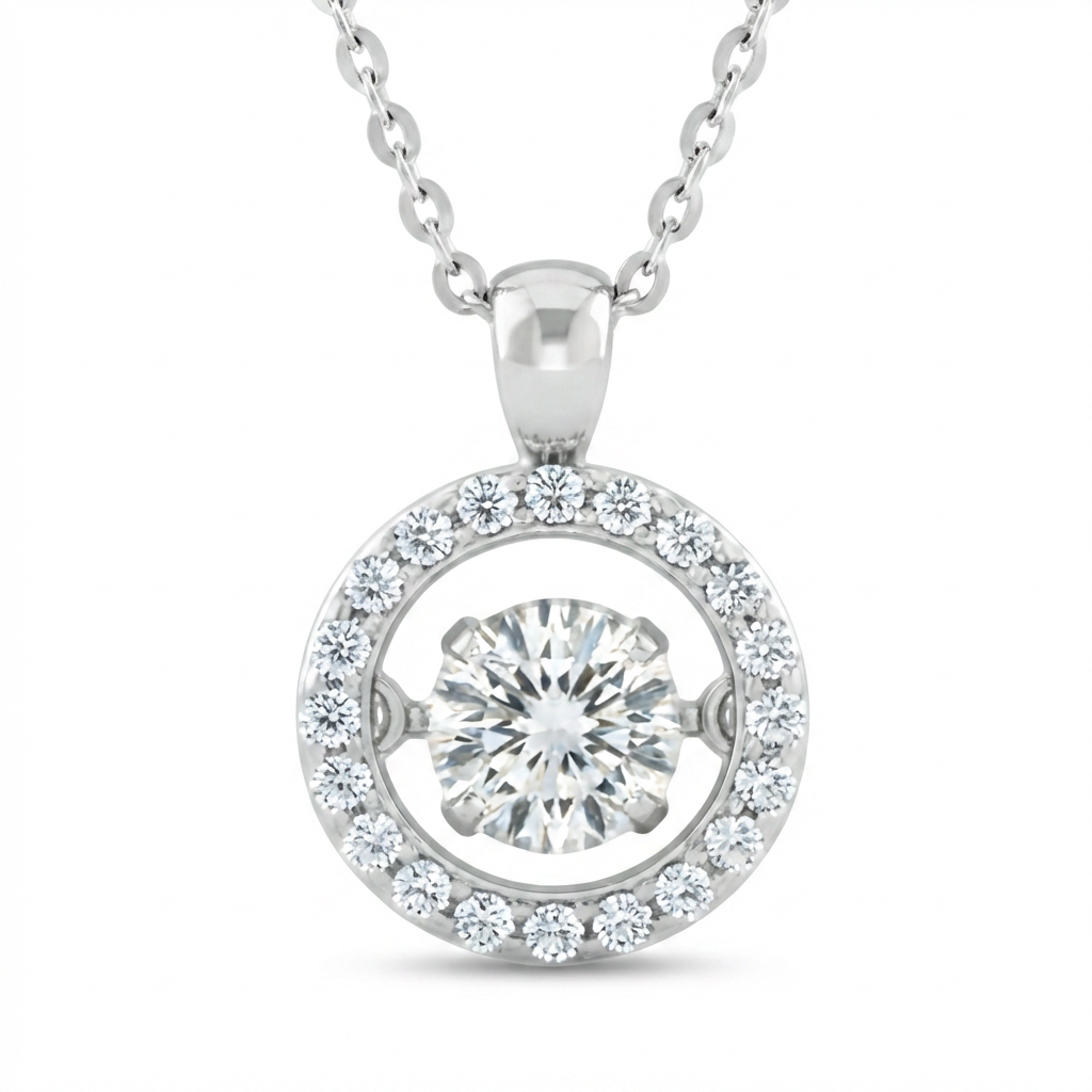 Dancing Moissanite Halo Pendant Necklace – 1.0ct GH Moissanite & CZ, Sterling Silver