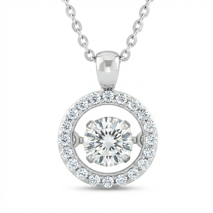 Dancing Moissanite Halo Pendant Necklace – 1.0ct GH Moissanite & CZ, Sterling Silver
