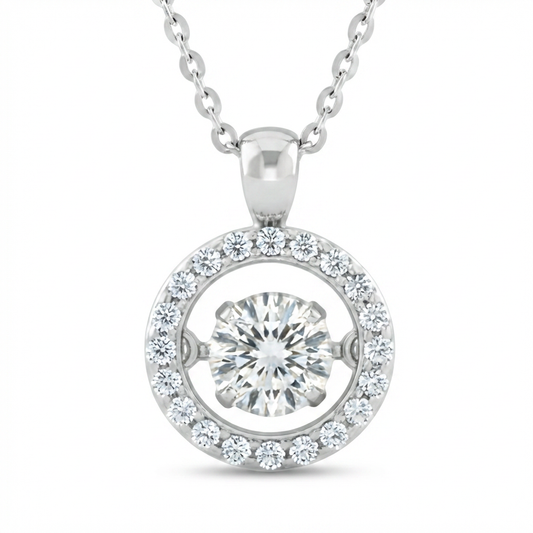 Dancing Moissanite Halo Pendant Necklace – 1.0ct GH Moissanite & CZ, Sterling Silver