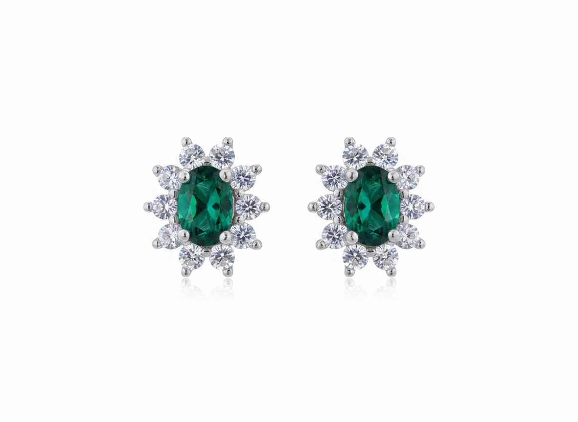 Lab Emerald Halo Stud Earrings