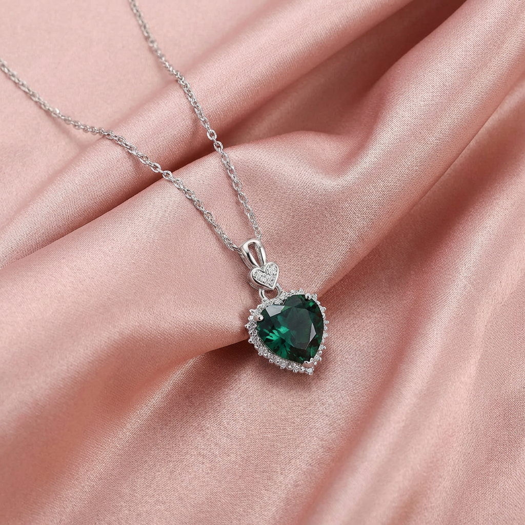 Zambian Lab Emerald Heart Necklace – Moissanite Halo, Sterling Silver