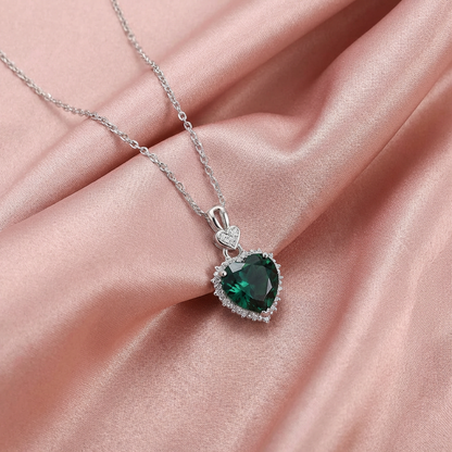 Zambian Lab Emerald Heart Necklace – Moissanite Halo, Sterling Silver