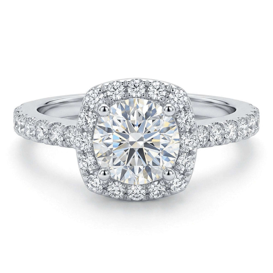 Cushion Halo Moissanite Ring with Pavé Band – 1.0ct