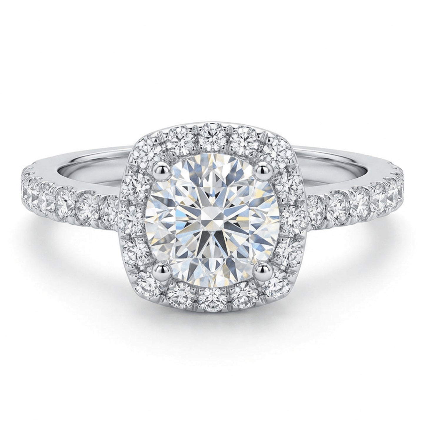 Cushion Halo Moissanite Ring with Pavé Band – 1.0ct