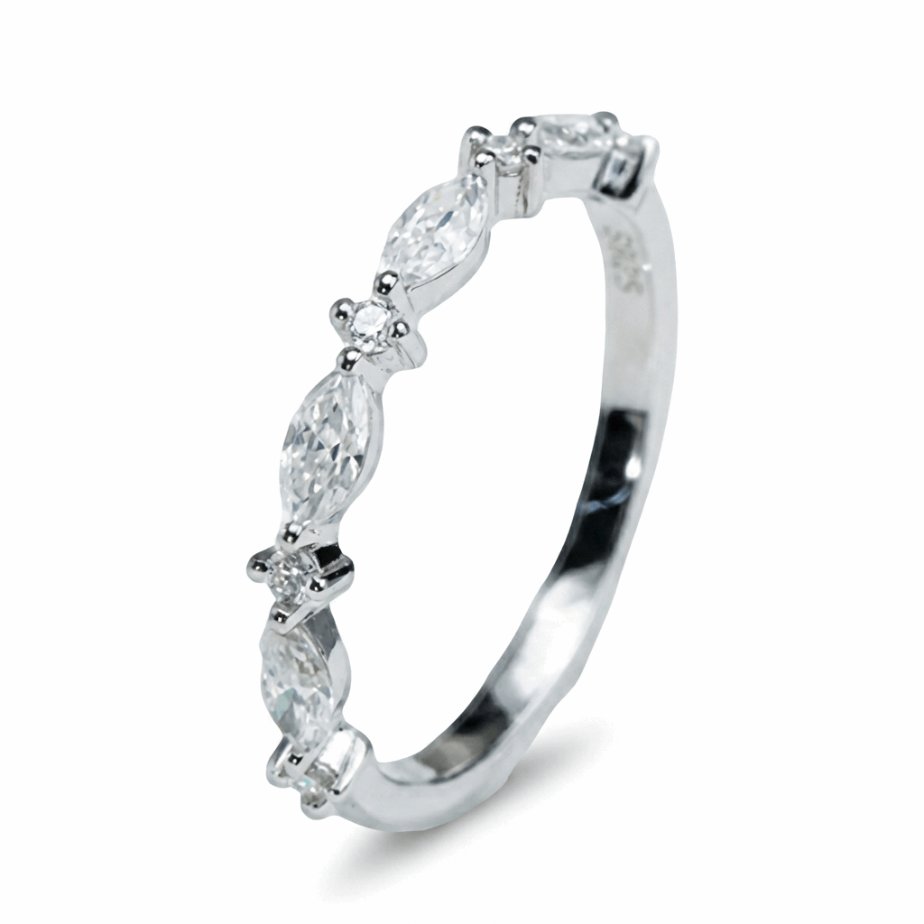 Marquise & Round Moissanite Band Ring – DEF, Sterling Silver