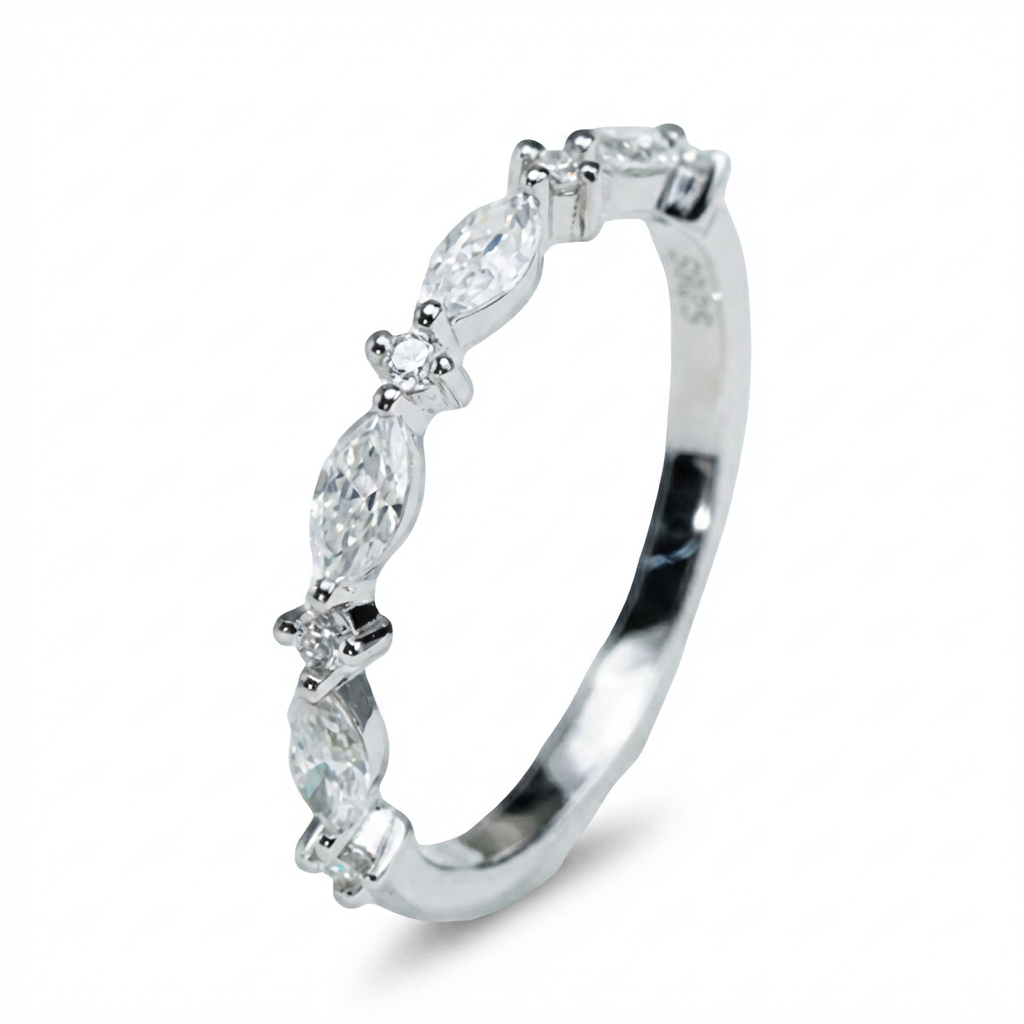 Marquise & Round Moissanite Band Ring – DEF, Sterling Silver